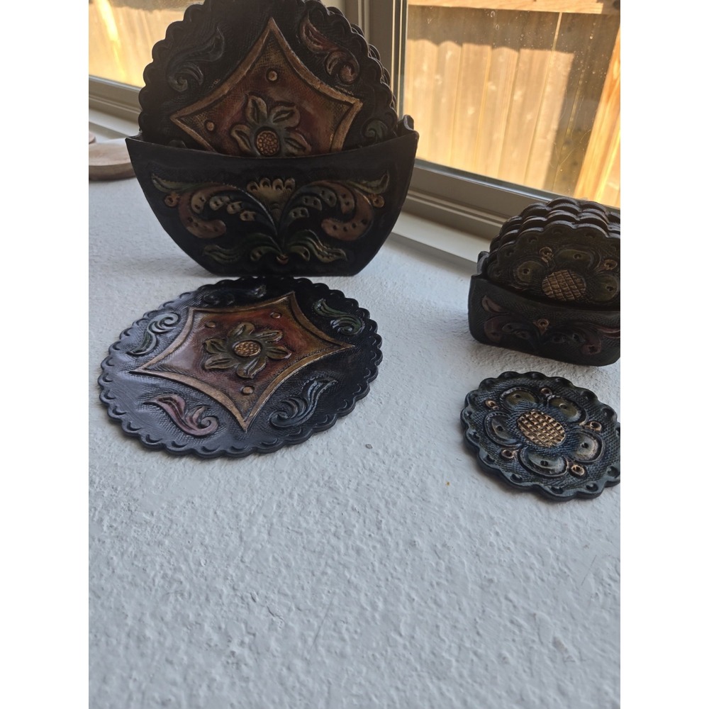 Peruvian Leather 12pc Coasters & Holder Set EXCELLENT CONDITION